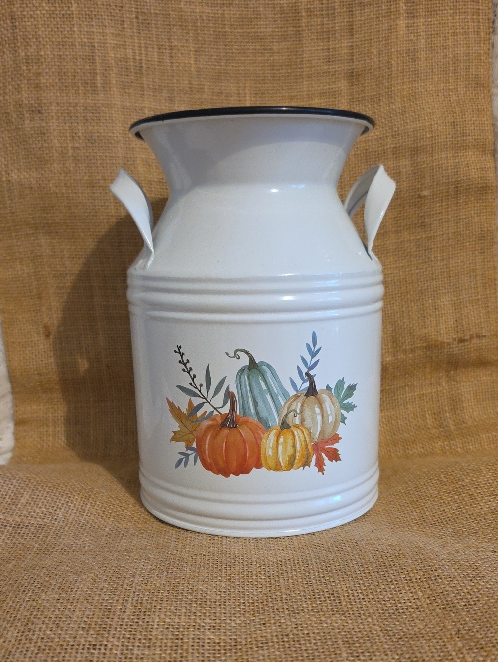 Hobby Lobby White Metal Pumpkin Canister with Autumn Gourd Artwork